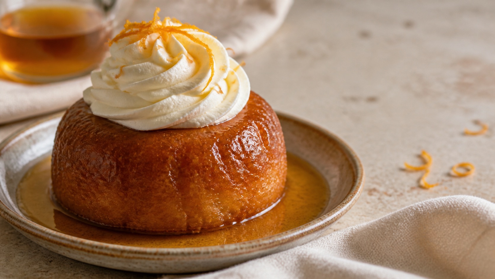 Baba au rhum imbibé de sirop et accompagné de crème
