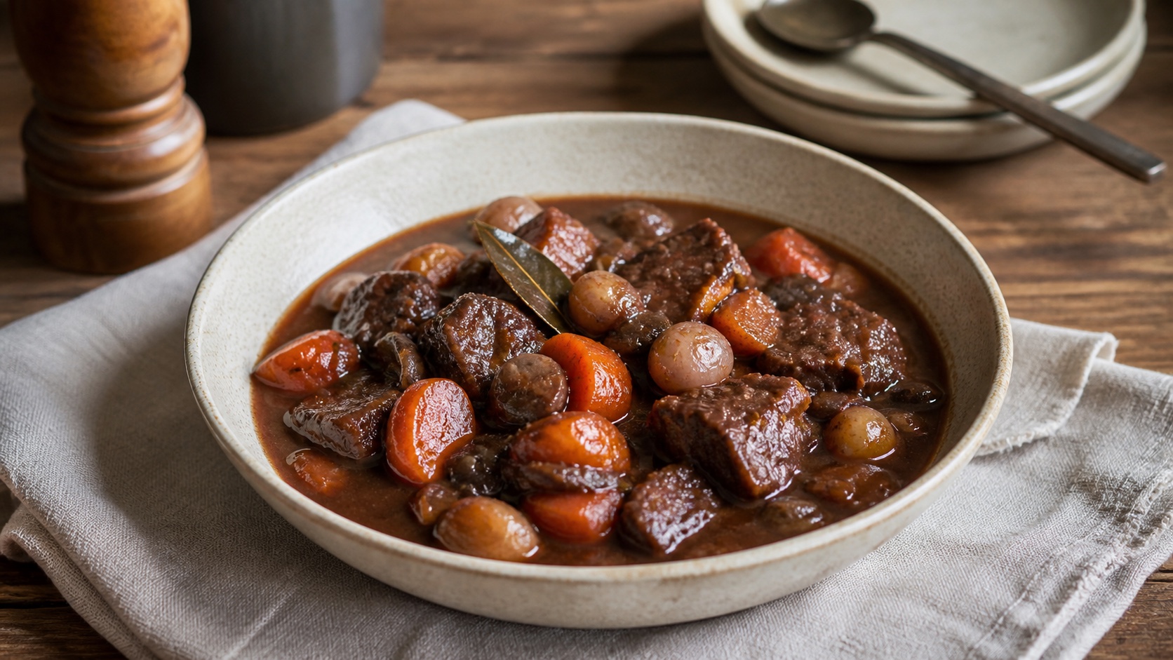 Bœuf bourguignon mijoté avec carottes et petits oignons