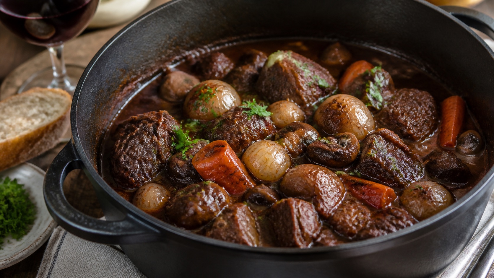 Bœuf bourguignon fondant aux carottes et champignons