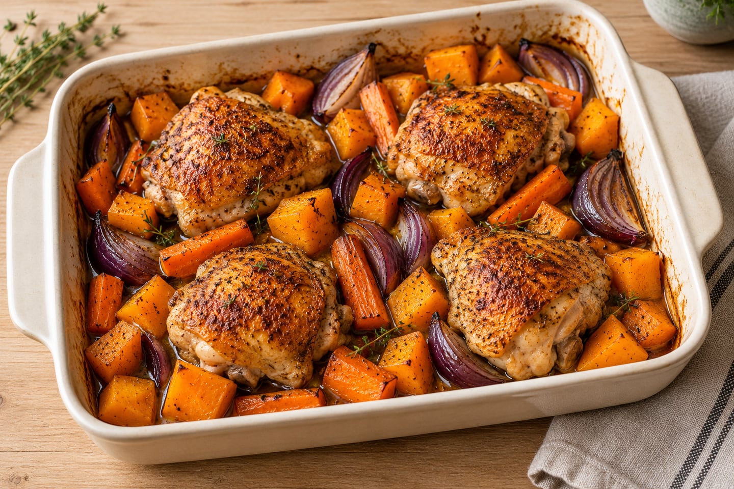 Quatre hauts de cuisse de poulet rôtis au milieu de butternut, carottes et oignons rouges